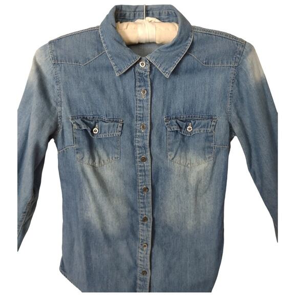 NOBLE U Long Sleeve Denim Shirt Button Down Chambray Jean Top Size S Cowboy - Picture 9 of 11